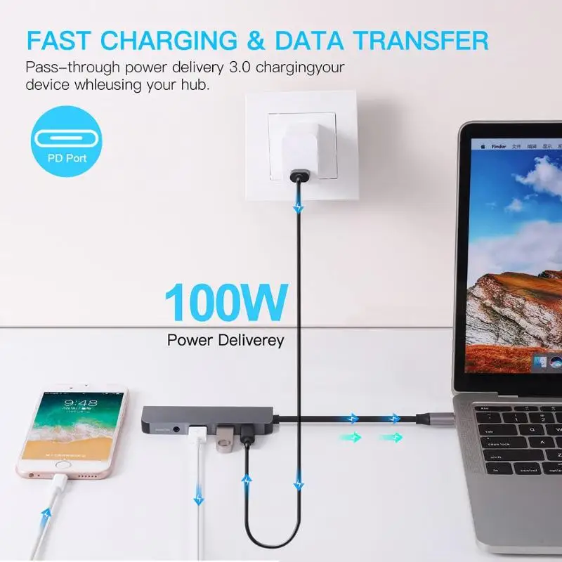 Аудио USB-C станция адаптер умелое производство Превосходное качество 5 в 1 type-C концентратор USB-C к HDMI USB3.0 USB 2,0 3,5 мм