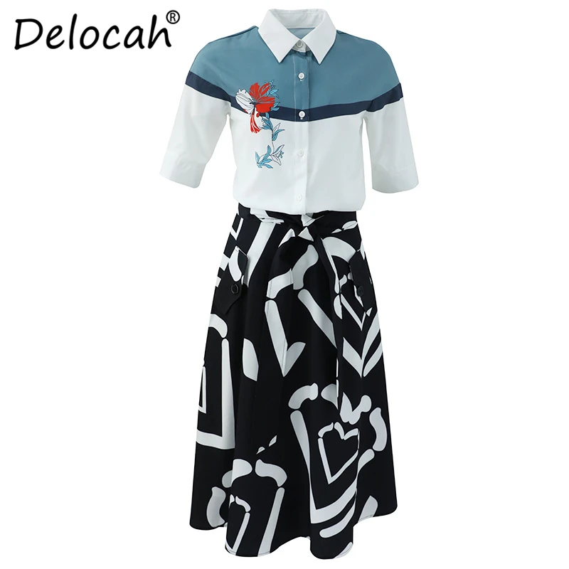 Delocah, модный осенний костюм для подиума, женская рубашка с короткими рукавами и принтом и повседневная юбка с бантом и высокой талией, комплект из двух предметов для леди
