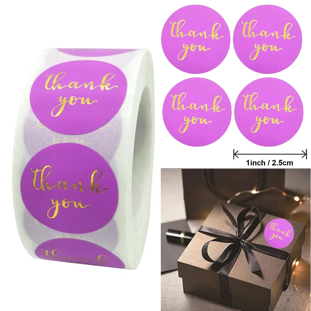 500pcs 2.5CM Purple Foil Gold Thank You Stickers Envelope Seal Labels Scrapbooking DIY Decoration Stationery Stickers 100 500pcs merry christmas stickers round gold foil sticker xmas gift seal labels envelope decoration present stickers 1inch