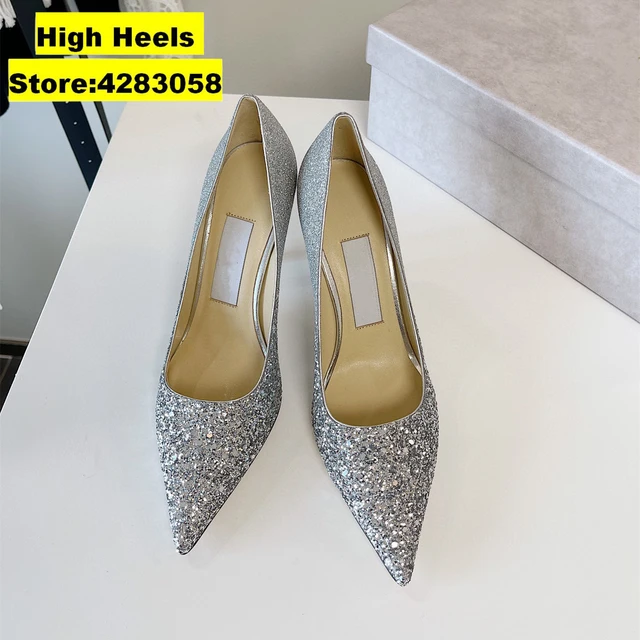 Women's Silver Glitter Shoes Chunky Heels Ankle Strap Sandals | Heels,  Glitter wedding shoes, Prom heels