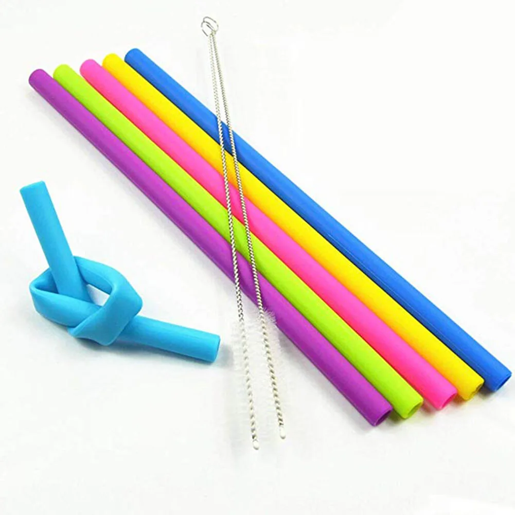 

6 pcs Reusable Straight Silicone Straws for Tumblers Colorful Extra Long Smoothies straws for Home with Cleaning Brush Big Size