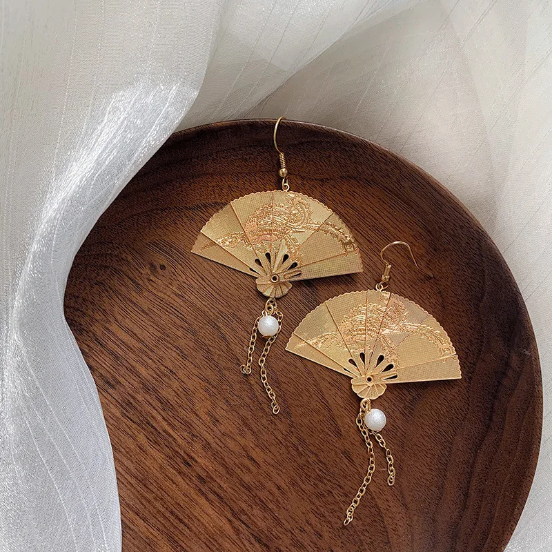Vintage Style Folding Metal Fan Modelling Korean Long Tassels Dangle Earrings Women Drop Earrings