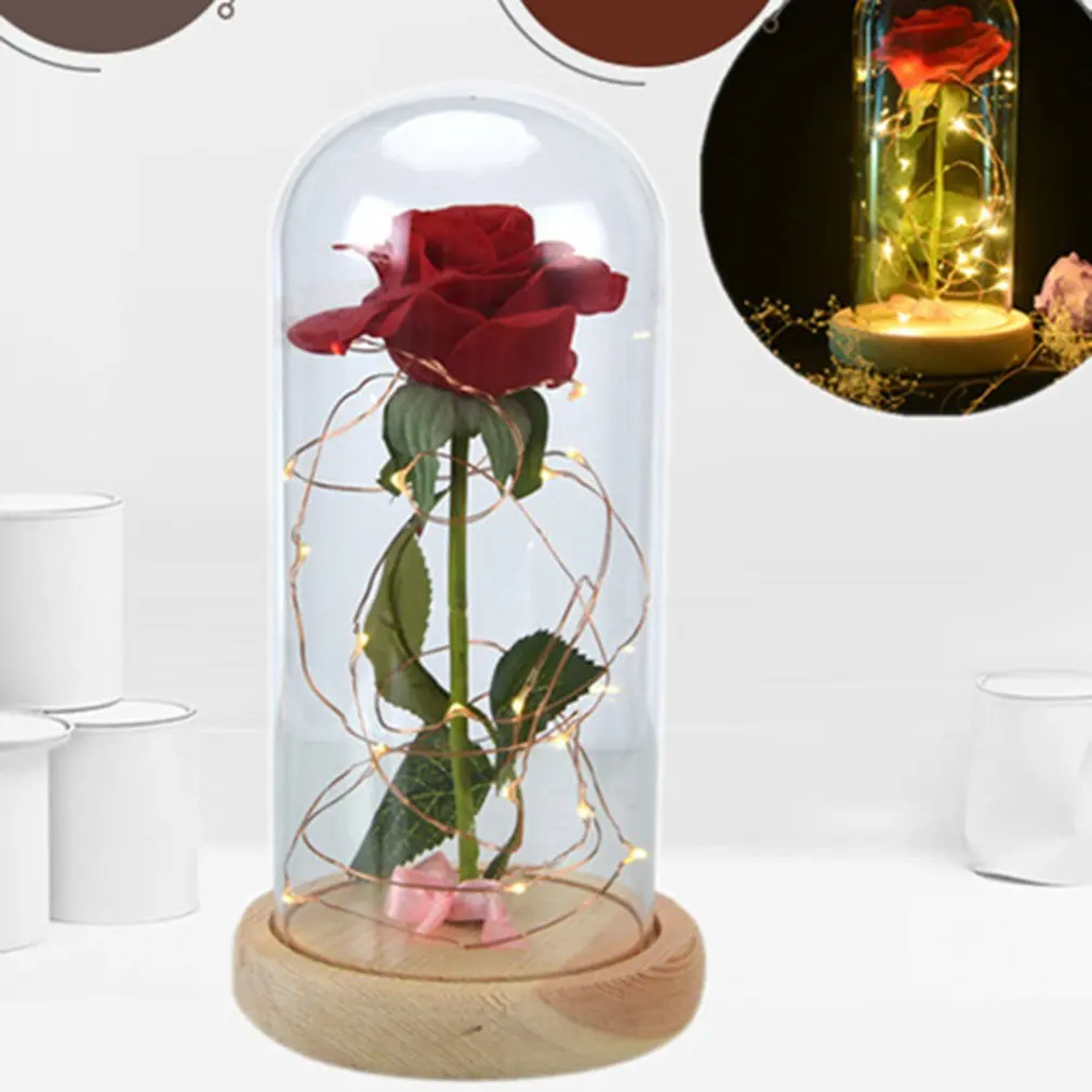  ICOCO Rose LED Night Lamp String Light in a Glass Dome Wooden Base Valentine's Day Gifts Room Decor - 4000171567598