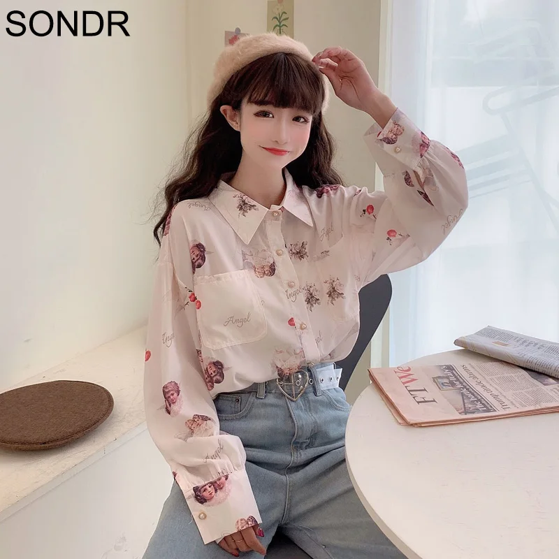 

Autumn Women'S Shirt 2020 New Japanese Lantern Long-Sleeve Angel Print Top Female All-Match White Cute Pocket Shirt Teenage Girl