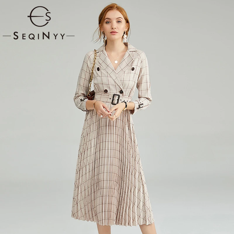 

SEQINYY Plaid Dress 2020 Autumn Spring New Fashion Design Women Pleated High Quality Midi Dress Office Lady