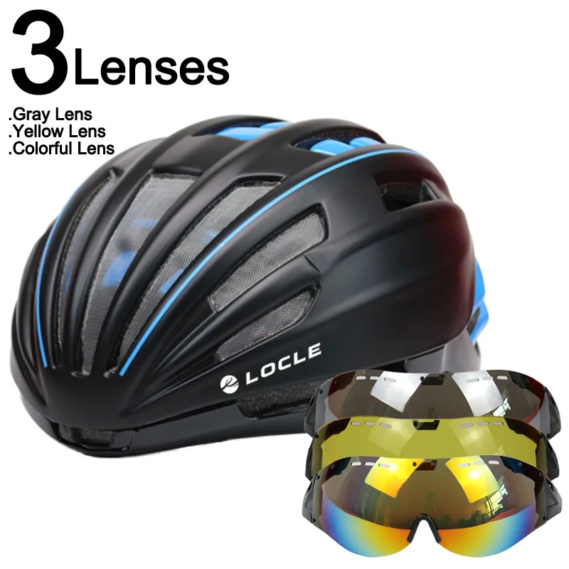 LOCLE Goggles велосипедный шлем дорожный горный MTB велосипедный шлем Casco Ciclismo Сверхлегкий в форме велосипедный шлем с очками 55-61 см - Цвет: Black Blue 3 Lenses