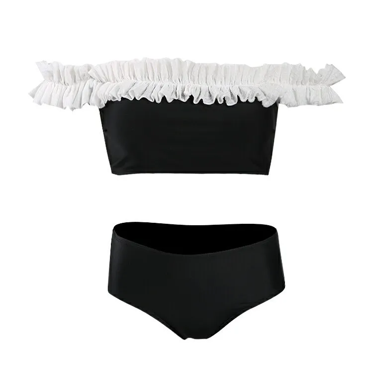

Korean-style New Style Two-piece Swimsuits Women's off-Shoulder Lace-up Medium Waist Underpants Swimwear Two-Piece Set