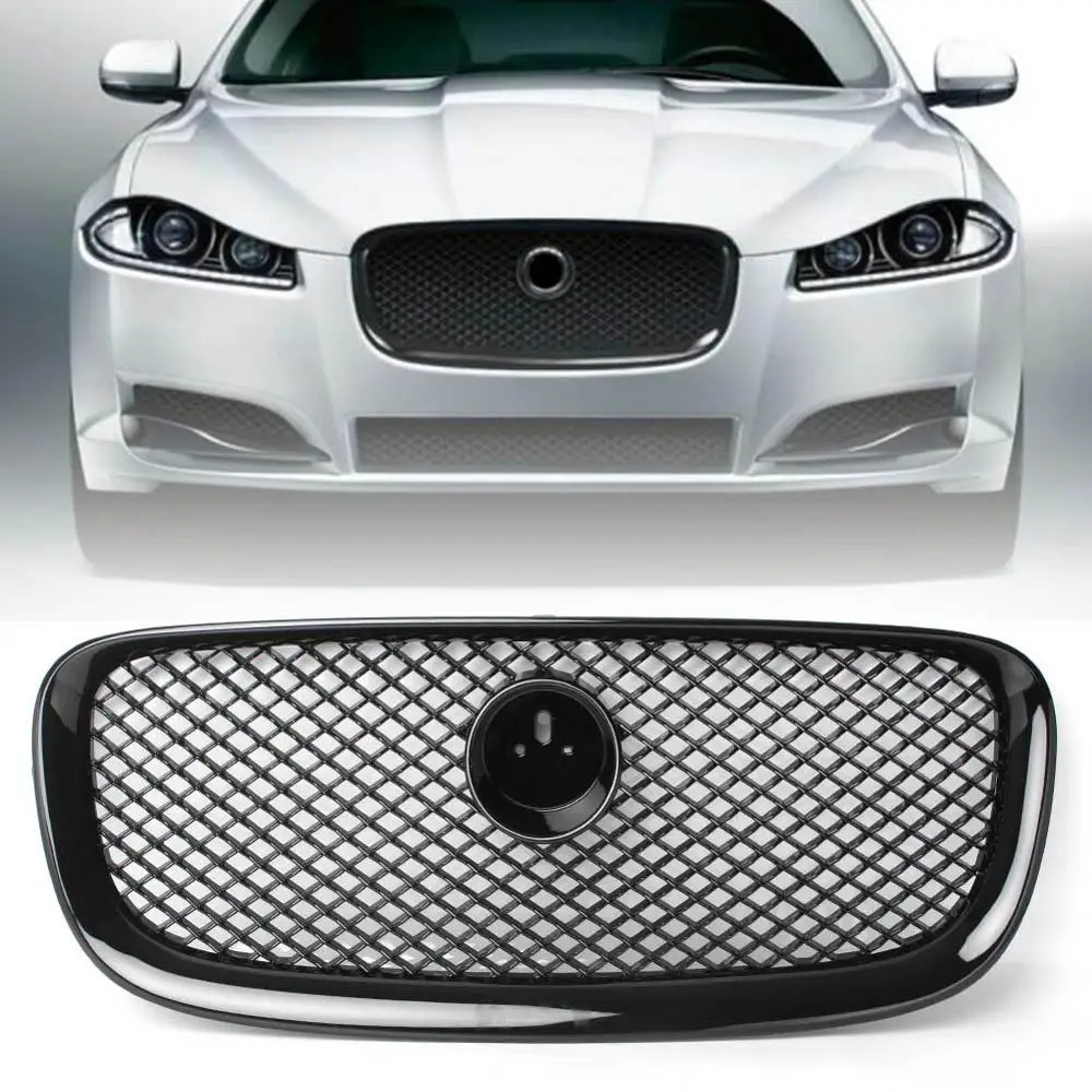 

Chrome/Black Car Front Upper Grille w/ Logo For Jaguar XF XFR 2012 2013 2014 2015 ABS Plastic Mesh Racing Grill with Emblem