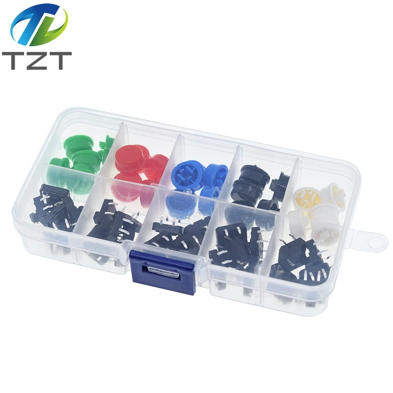 Tactile Push Button Switch 25PCS Tactile Push Button Switch Momentary 12*12*7.3MM Micro switch button + 25PCS Tact Cap(5 colors) For Arduino with Case