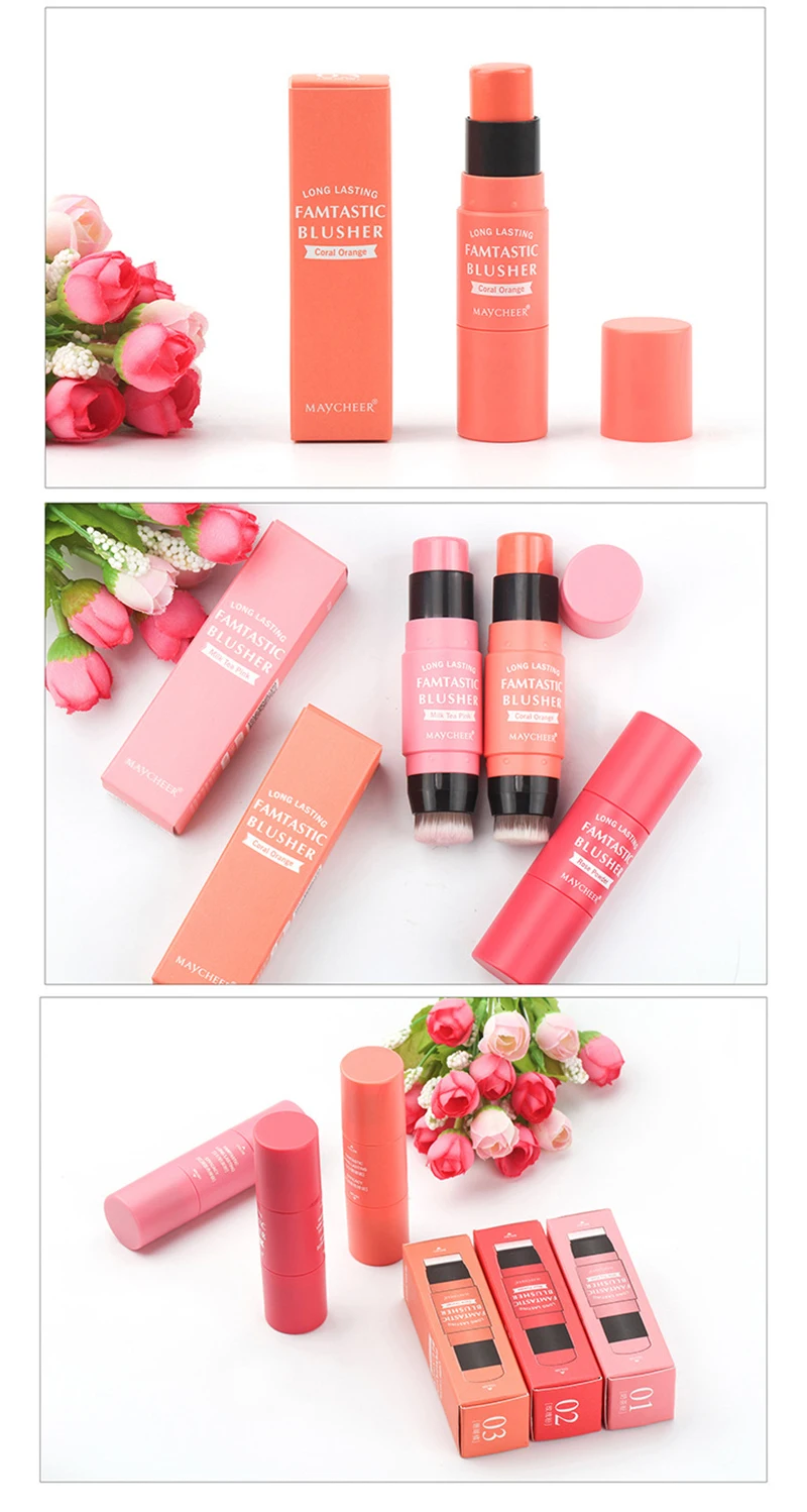 3 Colors Double-headed Blush Stick with Brush Moisturizing Face Powder Blusher Face Brighten Rouge Stick Peach Creamy Blush Make