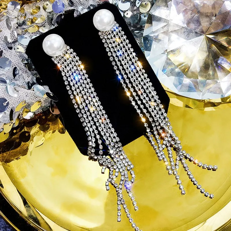 Блестящие новые модные брендовые ювелирные изделия, элегантные жемчужные серьги-гвоздики для женщин, подарок, длинные серьги с кристаллами и кисточками