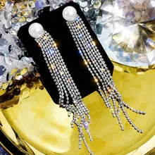 Блестящие новые модные брендовые ювелирные изделия, элегантные жемчужные серьги-гвоздики для женщин, подарок, длинные серьги с кристаллами и кисточками