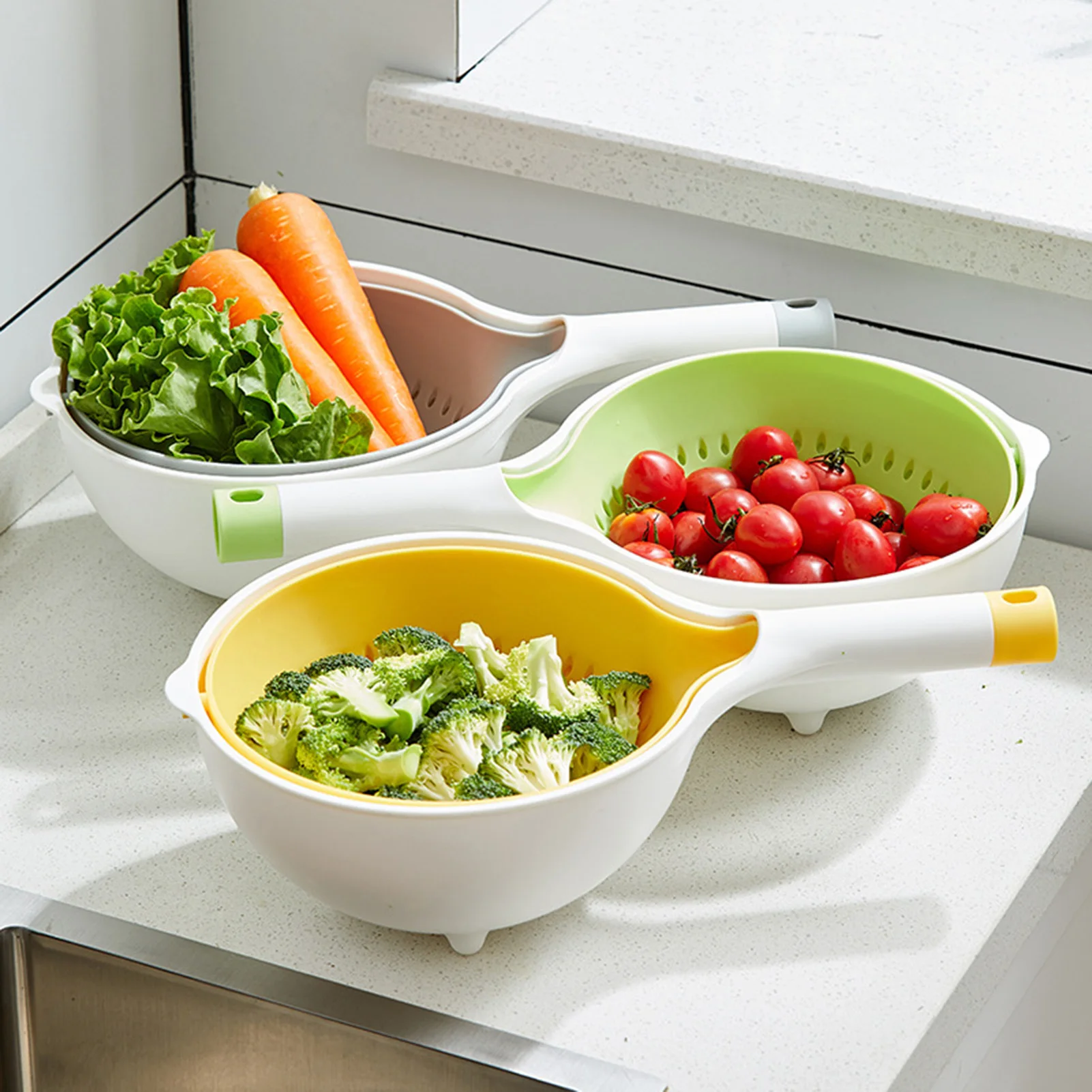 

Double-layer kitchen washing pot hollow drained basket home fruit vegetable artifact creative filtered plastic washing basket