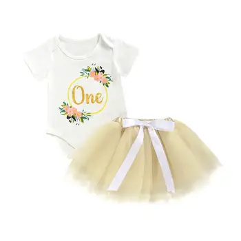 

2 pcs Baby Girls White Floral Print Baby Bodysuit + Yellow Lace Skirts One Year Birthday Party Sets