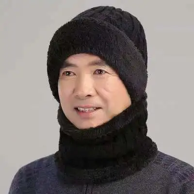 Набор мужских шапок и шарфов, зимние вязаные шапки с капюшоном, мужские толстые бархатные шапки, набор шарфов, вязаные теплые шапочки skullies Beanie - Цвет: black