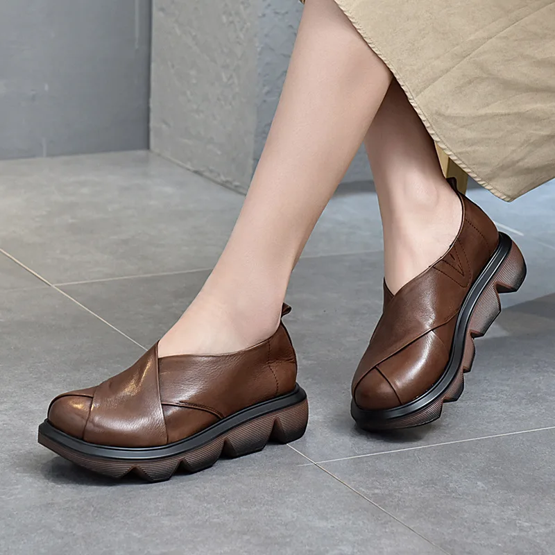 

Genuine Leather Women's Shoes Platform Platform Shoes 2021 Spring New First Layer Cowhide Single Shoes Female Big Round Shoes