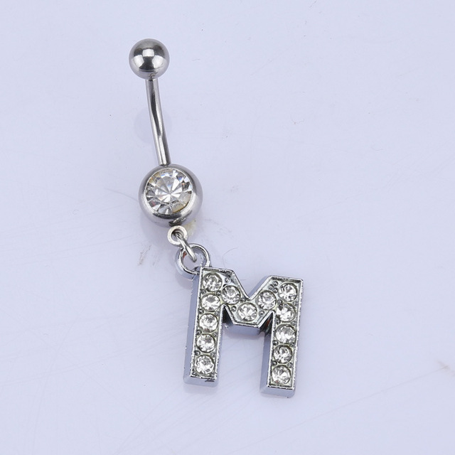 26 letter style Charming Body Piercing Crystal Rhinestone Inlaid Navel Belly Button Ring stainless steel jewelry