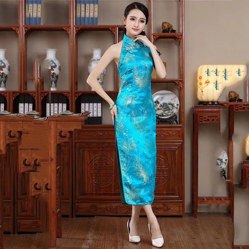 Высококачественные черные женские длинные Qipao удобные атласные платье-Ципао из мягкой ткани винтажное китайское платье с воротником-стойкой летнее платье без рукавов Vestidos