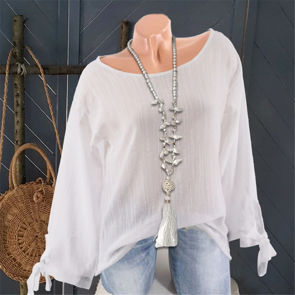 

2019 S-5XL Women Loose Plus Size Shirt Fashion Casual Solid Long Sleeve O-Neck Blouse Bandage Sleeves Tops Drop Shipping July30