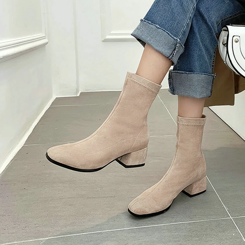 

Удобные женские эластичные ботинки на весну и осень, модные женские ботильоны с квадратным носком и круглым носком, комплект из замши, женская обувь