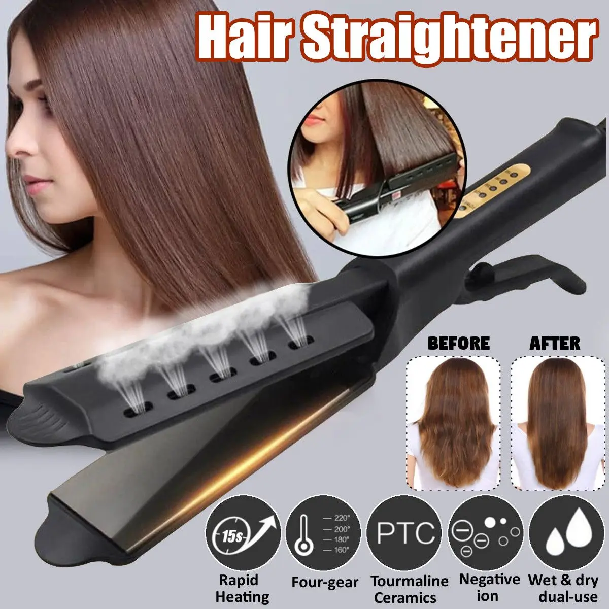 

Thermostat Portable Hair Straight Splint Plate Fring Hairdressing Tool Straightener Wet & Dry Ceramic Professional Four Gear