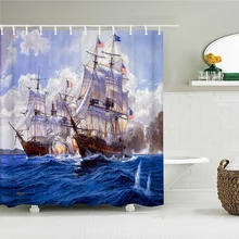 

Ocean Boat Shower Curtain Sketch Painting Sea Waves Sailing Boat Navigation Waterproof Bath Curtains with Hooks Bathroom Decor