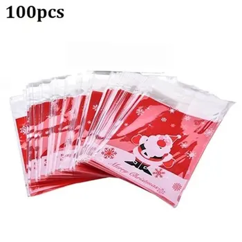 

100Pcs 10x10cm Christmas Candy Cookie Gift Bags Plastic Self-adhesive Biscuits Snack Packaging Bags Xmas Party Decoration Favors