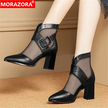 

MORAZORA new arrival autumn fashion ankle boots genuine leather buckle women boots thick high heels pointed toe ladies shoes