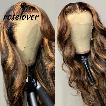 

ROSELOVER Lace Part Wigs 150% Ombre Remy Human Hair Wigs 1B/27 Highlight Body Wave Brazilian Hair Wigs Lace Wigs Pre Plucked