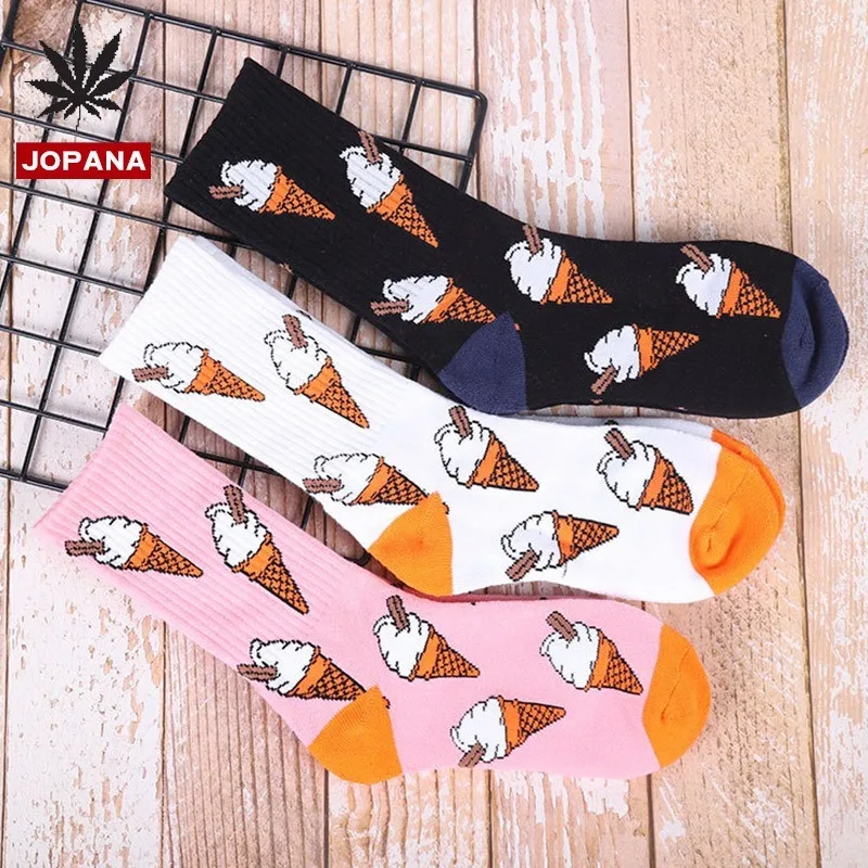 Цветочные Носки, теплые, для женщин, мороженое, хлопок, круглый носок, забавные, милые, Kawaii, искусство, Счастливый мультфильм, удобная, уличная мода, повседневная