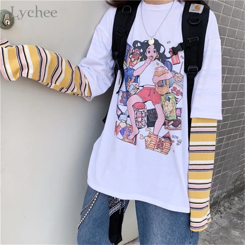 Lychee Harajuku, женские футболки в полоску, 2 шт., топы, футболки с героями мультфильмов, женская футболка, топ, футболка, пэчворк, женские футболки