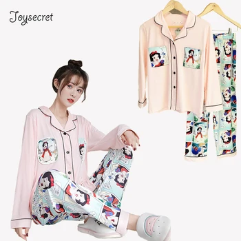

Women Pajamas Set Long Sleeve Milk Silk Pyjamas Cartoon Snow White Girl Sleepwear Home wear