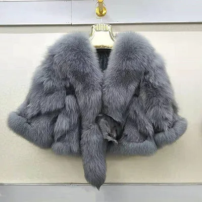 Grey Flurry& теплая женская короткая куртка из натурального Лисьего меха и пальто Новая Осенняя зимняя накидка из натурального меха красная/серая/Kahki шуба из лисьего меха - Цвет: Grey