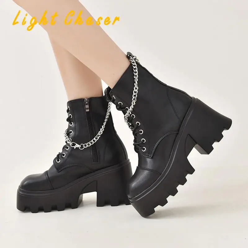 

Women Gothic Ankle Boots Zip Punk Style High Heels Platform Shoes Goth Winter Lace-up Booties Thick Heel Sexy Chain Ladies Boots