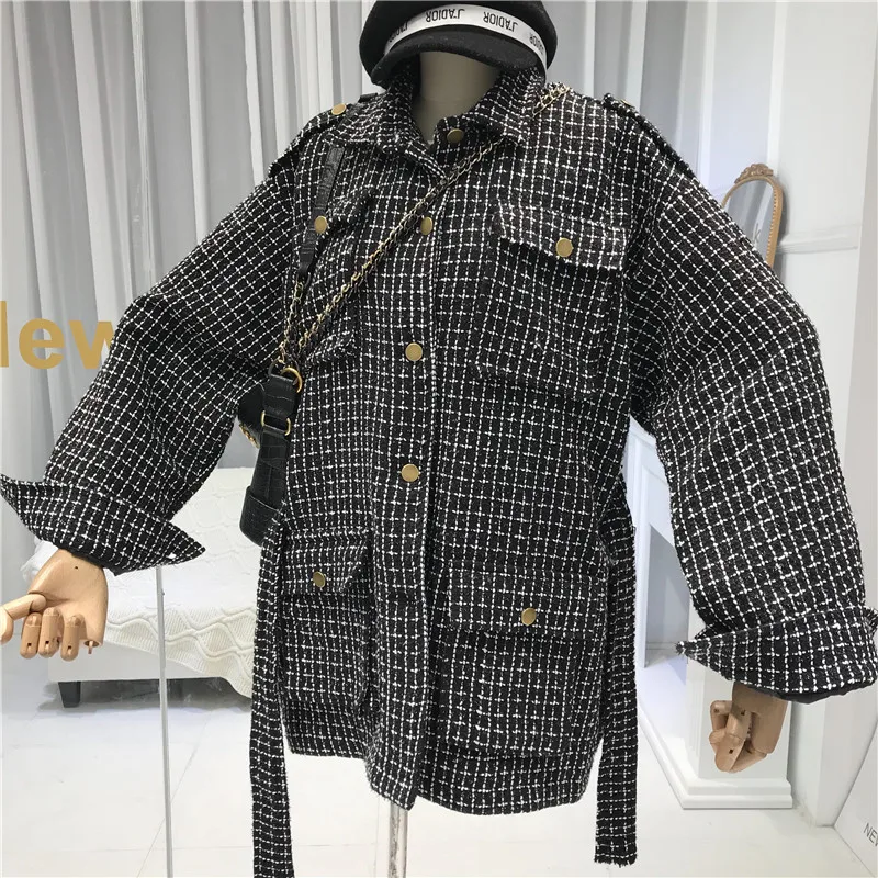 Autumn New Vintage Women's Single-breasted Wool Coat Casual Female Plaid Tweed Woolen Jacket Loose Outwear