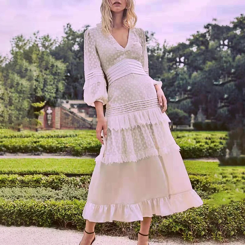 white TWOTWINSTYLE Casual Patchwork Lace Dot Dresses For Women V Neck Lantern Long Sleeve Ruffle Dress Female Fashion Clothes New - Цвет: white