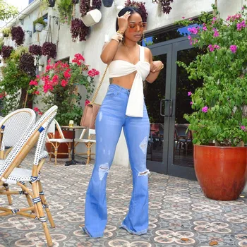 

Vintage Solid Stretch Ripped High Waist Jeans Women 2019 New Sexy Casual Hole Jeans Flare Pants Pockets Female Denim Trousers