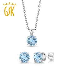2,70 карат Круглый 6 мм голубой топаз 925 пробы серебряные серьги-гвоздики с подвесками набор