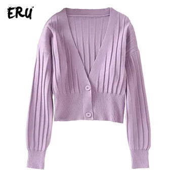 

ERU single breasted v neck crop cardigans women winter long sleeve casual sweaters pull femme ladies cropped cardigans jumper