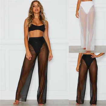 

Sexy Women Summer Hot Beach Mesh Sheer Pants Fishnet High Waist Pants Bikini Cover Ups See Through Flared Pants Bottoms Trousers