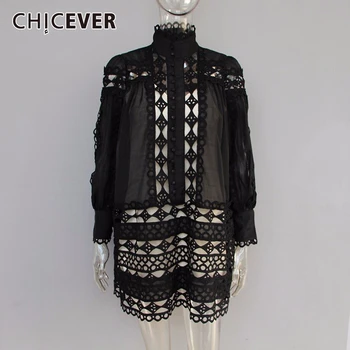 

CHICEVER White Perspective Women's Dress Turtleneck Lantern Sleeve High Waist Hollow Out Dresses Female 2020 Autumn New