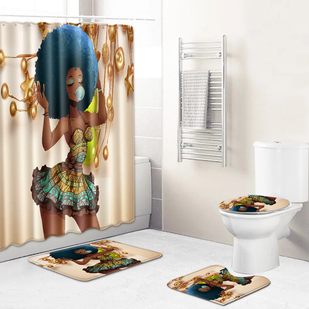 Bath Mat Set 4pcs African Woman Polyester Shower Curtain Set Non Slip Rugs Carpet for Bathroom Toilet FlannelJ190901