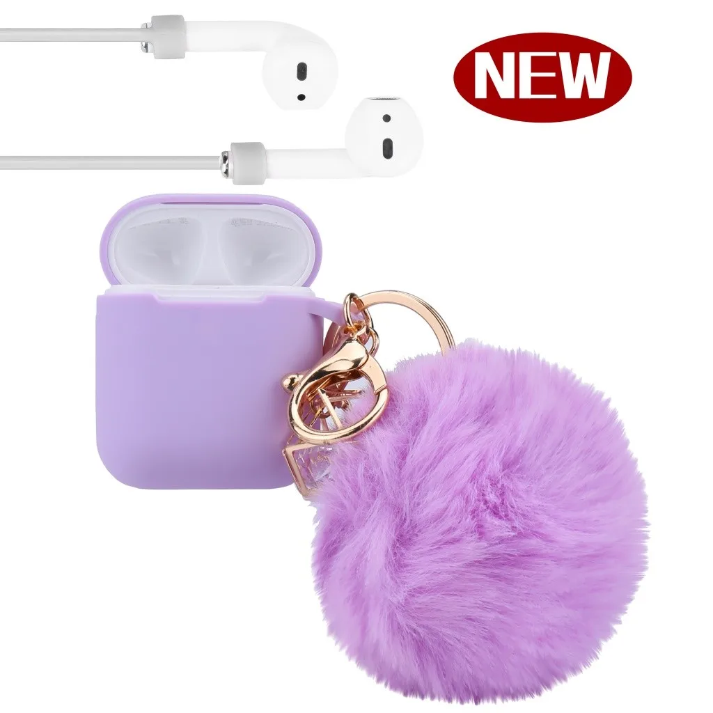 VOBERRY, портативный аксессуар для гарнитуры, набор для Airpods 2& 1, чехол для зарядки, силиконовый защитный чехол и брелок с помпоном, ремешок 829#2