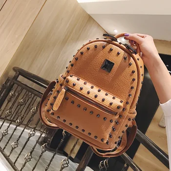 

Mini Backpack Female 2020 New Korean Version of Solid Color Rivets Fashion Wild Pu School Bag Street Casual Travel Backpack