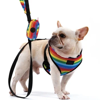 

Pet Dog Chest Backs Harness With Leash Set Small Medium With Poop Bag Rainbow Striped Harness Vest Leash Soft Mesh Breathable