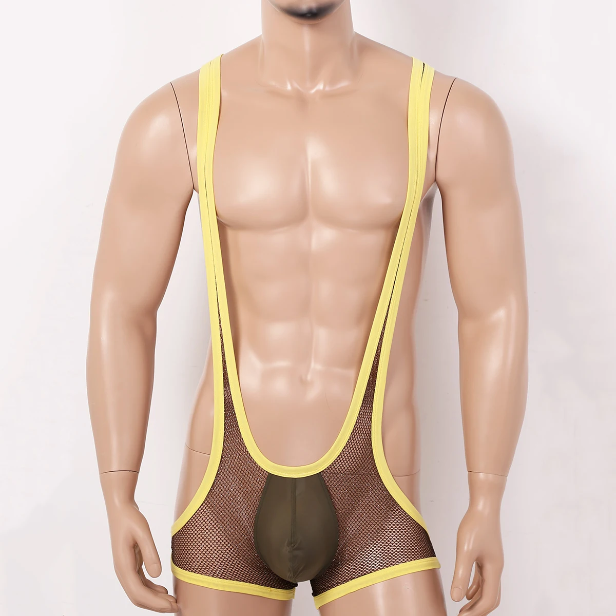 Mens Fishnet Undershirt Underwear Sexy Wrestling Suit Men Bodysuit Mankini Gay Jockstrap Thong Swimsuit Transparent Bulge Pouch
