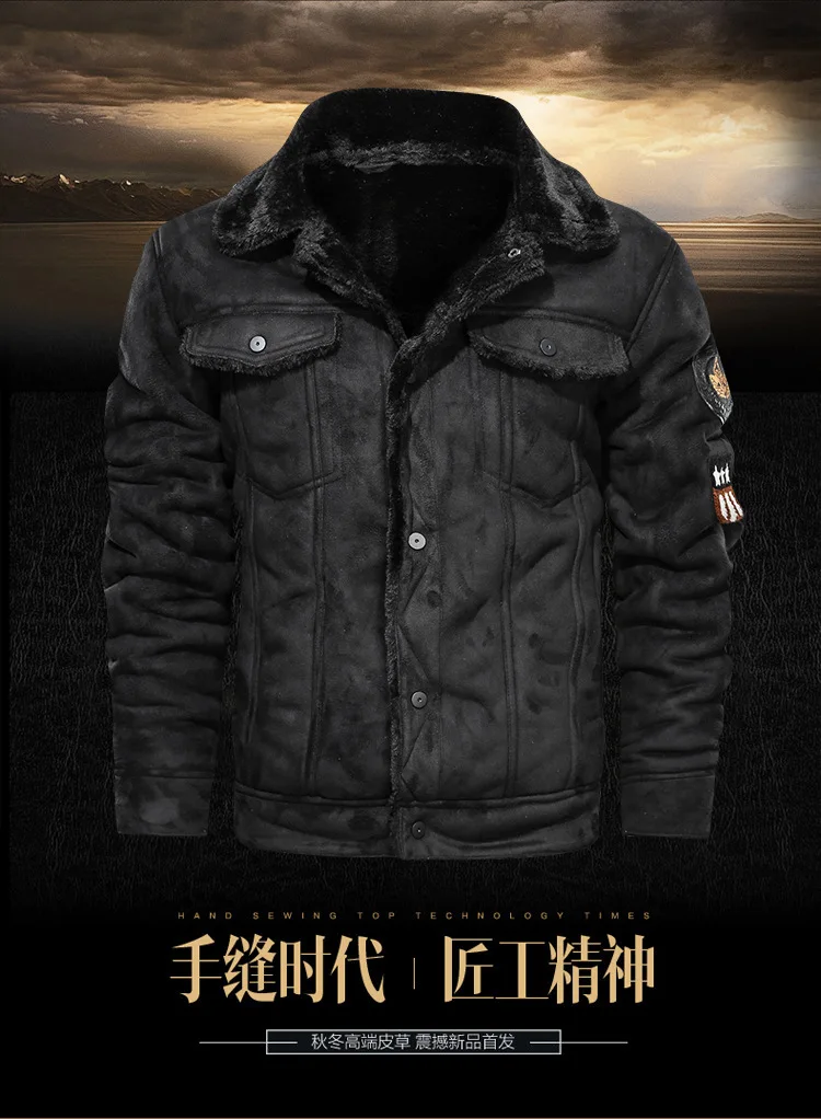 Pu Jacket Men Thick Warm Cashmere Military Bomber Tactical Leather Jackets Mens Outwear Fleece Fur Collar Windbreaker Coat Male leather varsity jacket