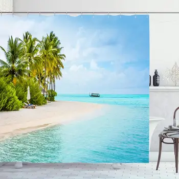 

Shower Curtain Set with Hooks 72x78 Outdoors Palm Sandy Trendy Beach Sunbeds Sand Umbrellas Indian Reef Parks Water Outdoor