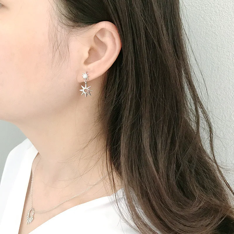 RUIYI Real 925 Sterling Silver Women Cold Wind Fashion Hexameron Charm Earrings Girls Young Niche Sunflower Pearl Stud Earrings