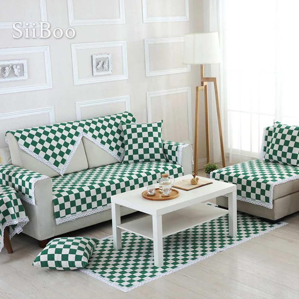American Style Green White Plaid Lace Decor Sofa Cover Couch Furniture